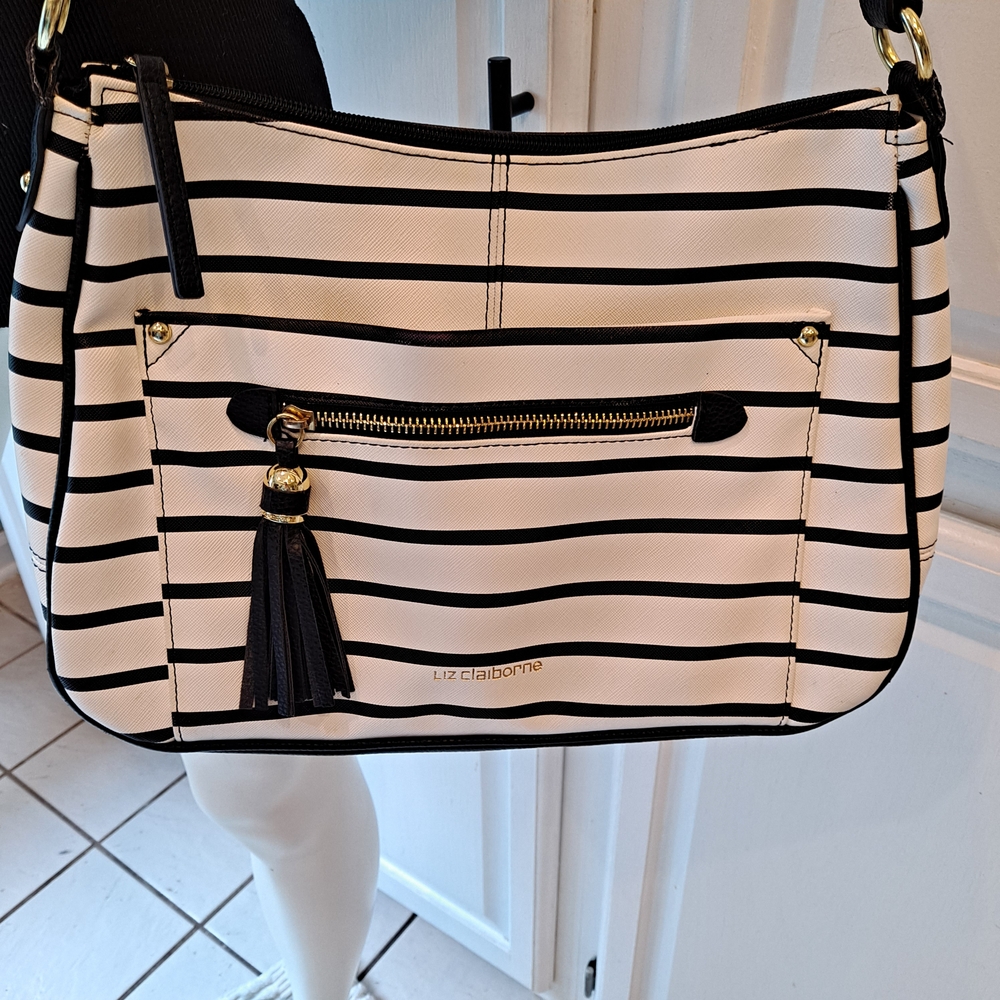 Liz Claiborne Black White Striped Summer Nautical Satchel Shoulder Bag